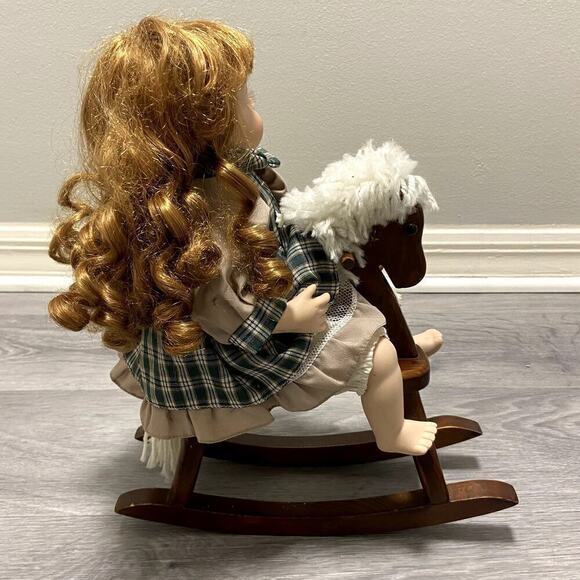 Vintage Porcelain Doll on A Wooden Horse Rocker - Picture 2 of 10
